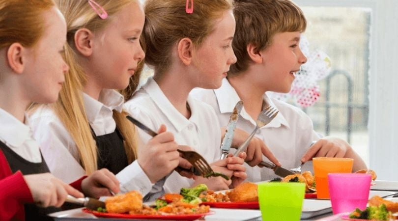 School children having a school dinner